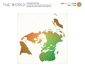 Low poly design of the world. Gringorten square equal-area projection of the world. Red Yellow Green colored polygons. Stylish vector illustration.