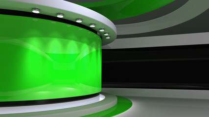 Green Studio. Green backdrop. News studio. The perfect backdrop for any green screen or chroma key video or photo production. Breaking news. 3d rendering. 