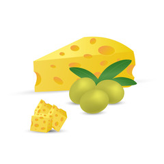 Vector illustration of olives with green leaves, cheese on a white background. Balanced composition. Design element for print and web.