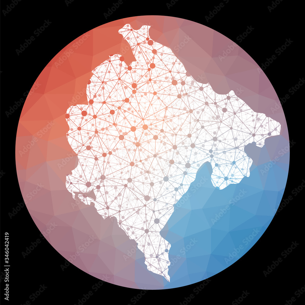 Poster vector network montenegro map. map of the country with low poly background. rounded montenegro illus