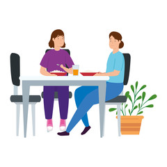 young women couple stay at home eating in table vector illustration design