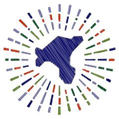 Sketch map of Salt Island. Sunburst around the island in flag colors. Hand drawn Salt Island shape with sun rays on white background. Vector illustration.