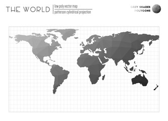 Low poly design of the world. Patterson cylindrical projection of the world. Grey Shades colored polygons. Creative vector illustration.
