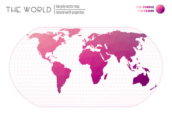 Abstract world map. Natural Earth projection of the world. Red Purple colored polygons. Beautiful vector illustration.