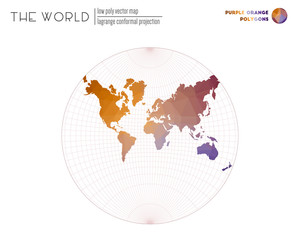Polygonal map of the world. Lagrange conformal projection of the world. Purple Orange colored polygons. Neat vector illustration.