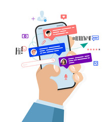 Hand with phone and chatting in the messenger with friends. Flat mobile application illustration with colorful speech bubbles, icons, emoticons and other design elements. Smartphone App, Vector Art