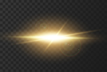 Realistic effect of sunlight with glare and rays of the sun. The effect of a flash or light of gold color. Vector illustration on dark background