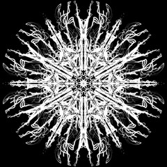 White on black powerful glowing abstract flame mandala flower. Ornamental floral pattern on black background.