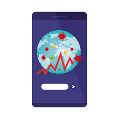 earth planet of covid19 in smartphone with statistics arrow and money vector illustration design