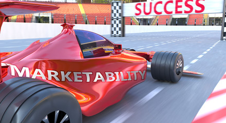 Marketability and success - pictured as word Marketability and a f1 car, to symbolize that Marketability can help achieving success and prosperity in life and business, 3d illustration