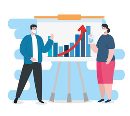 couple with infographic of financial recovery vector illustration design