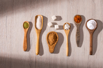 Variety of sugars on the table - Text space