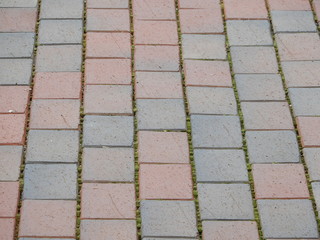 Fototapeta premium Perspective View Red Gray Grey Brick Stone Street Road Sidewalk Pavement Texture Background