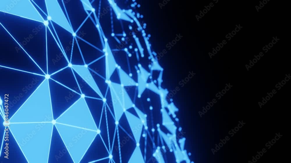 Wall mural blue light wireframe triangle polygon surface loop wave movement on black background.
