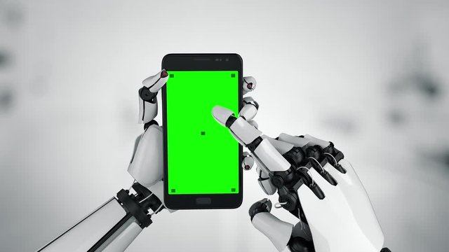 4K 3D animation of a robot hand paying a tap, pay, touching the display screen with a mobile phone. Chroma key, green screen. Modern smartphone mockup on grey white background. Robotic android hands