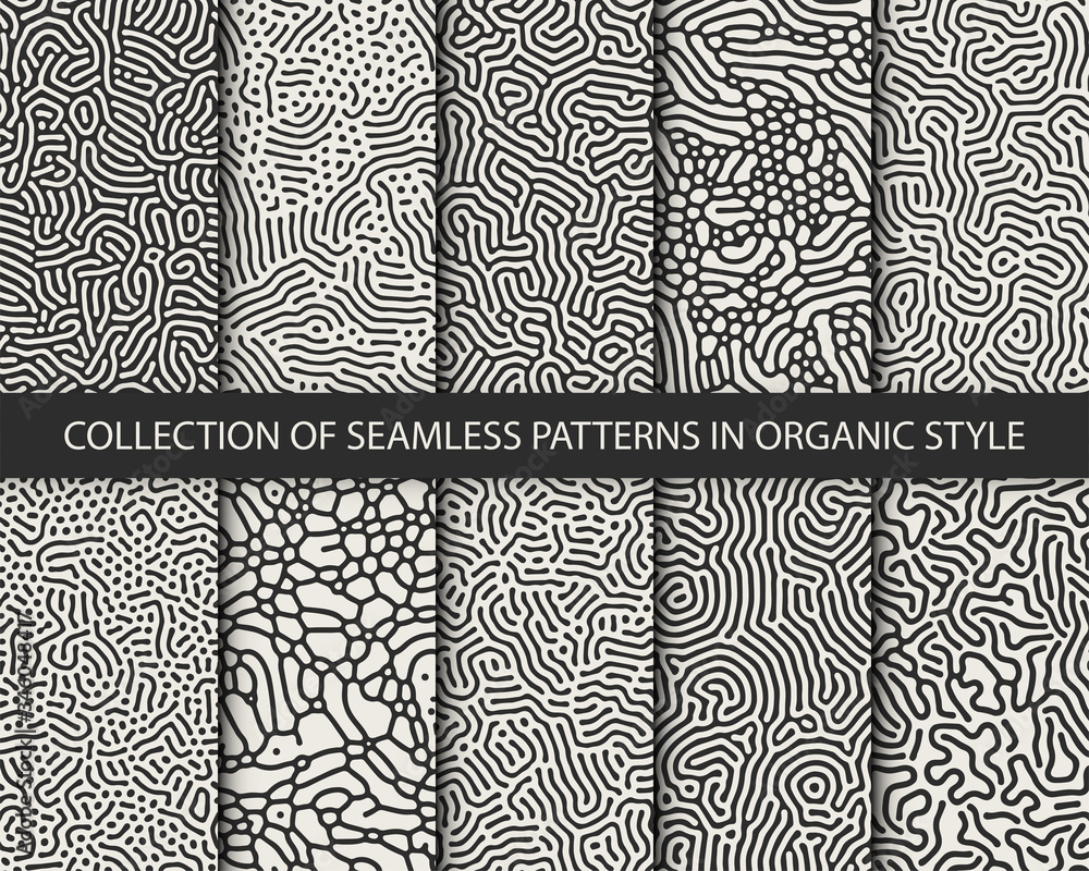 Aufkleber set of 10 vector seamless monochrome organic rounded jumble maze lines patterns. abstract background