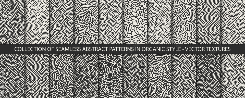 Poster set of 20 vector seamless monochrome organic rounded jumble maze lines patterns. abstract background