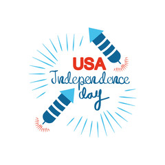 United Stated independence day typographic design with decorative firework rockets and burst, flat design