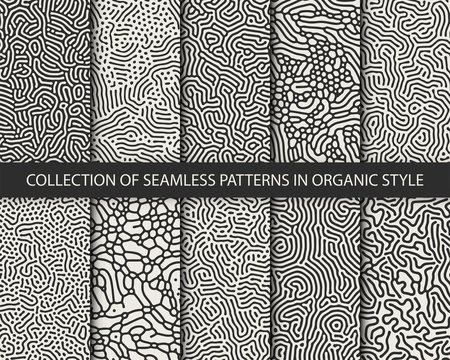 Set of 10 vector seamless monochrome organic rounded jumble maze lines patterns. Abstract backgrounds