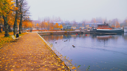 Lappeenranta port with boat at autumn day. Sights of Lappeenranta harbor and garden, beautiful fall tree yellow leaves amazing view. October autumn park foliage and lake fog scene, travel in Finland.