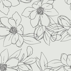 Seamless floral pattern. Vector summer illustration with linear flowers. Hand drawn nature texture in pastel colors.