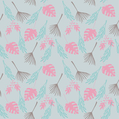Modern Tropical Vector Seamless Pattern. Feather Dandelion Monstera Banana Leaves Tropical Seamless Pattern. 