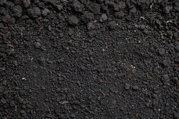 Top view, close-up of Organic black soil texture pattern background. Can be used planting tree. Surface has grunge and rough. Feature of compost fertile suitable for gardening and agriculture farm.