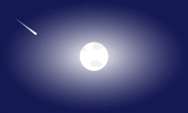 Vector full moon glowing with flying comet in starry sky. Can be used as a background, postcard, pattern on clothes, scrapbooking, book illustration.
