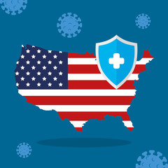 usa map and flag with covid19 particles and shield vector illustration design