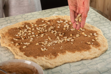woman hand sprinkles peeled roasted peanuts on rolled dough with cinnamon. the action takes place in the kitchen, the dough on the table. near the dough saucer with cinnamon.