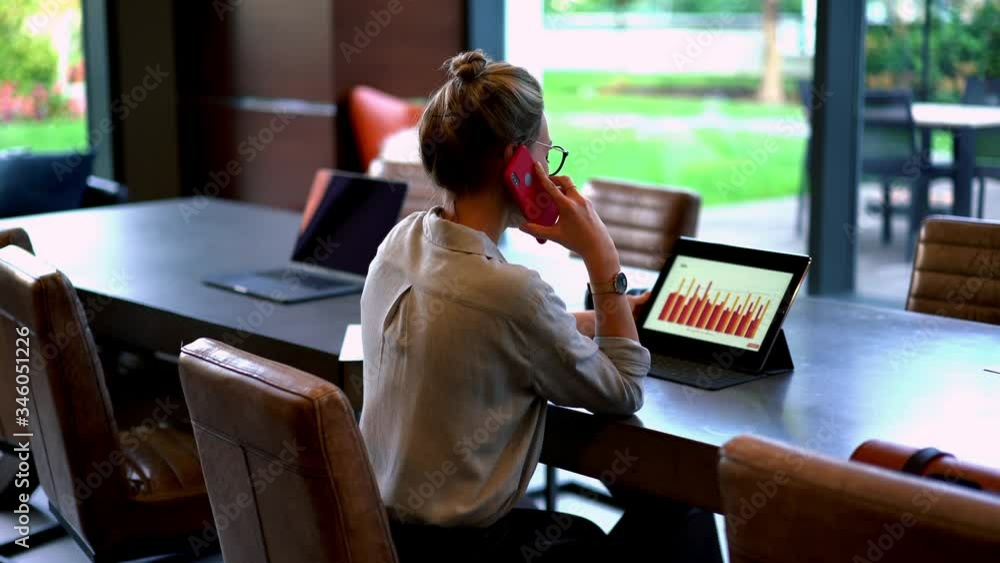 Poster smart female financial expert working remotely with online reports using digital graphs and charts d