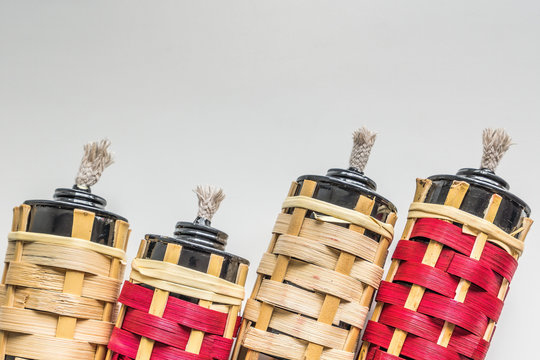 Bamboo lamp or pelita buluh over white backgrounds. Eid mubarak festival