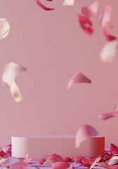 Background for cosmetic product branding, identity and packaging inspiration. Podium with falling rose petals on pink background. 3d rendering illustration.