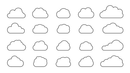 Clouds black outline weather icon set. Empty contour design element of climate, atmosphere. Bubble template for text box, web cloudy service symbol. Isolated on white background vector illustration