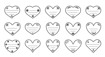 Hearts line border vintage labels set. Outline blank stamp design sign of Valentines day sticker about love. Different shape empty contour template for text box. Isolated on white vector illustration
