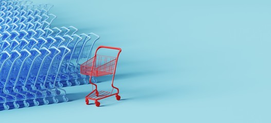Minimal composition for shopping and supermarket concept. Blue and red shopping cart trolley on blue background. 3d rendering illustration. - obrazy, fototapety, plakaty