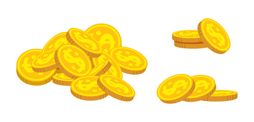 Pile gold coin flat cartoon set. Sloppy money heaps, mountains various bunche gold coins heap, Mountain bank currency. Pennies hundreds bunches, cash bundle. Isolated vector illustration