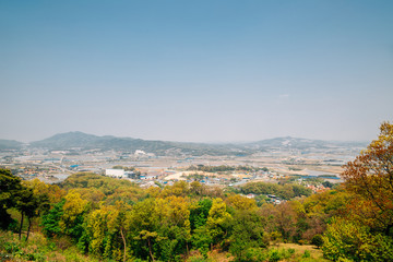 Obraz premium Anseong city panorama view from Jukjusanseong mountain fortress in Anseong, Korea