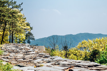 Jukjusanseong mountain fortress with green trees in Anseong, Korea