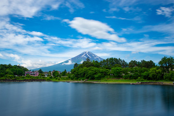 Beautiful Scenic Landscape View of Mt.Fuji in Japan with mountains and view of the lake during summer 
