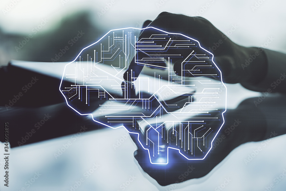 Aufkleber Double exposure of creative human brain microcircuit and hand working with a digital tablet on background. Future technology and AI concept