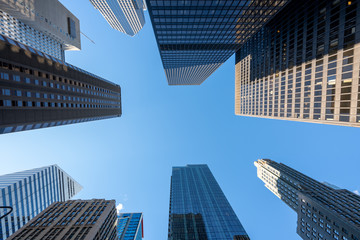 Vertical look up view of skyscrapers in Chicago, USA
