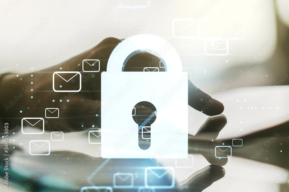 Poster creative lock sketch with email symbols hologram and hand working with a digital tablet on backgroun
