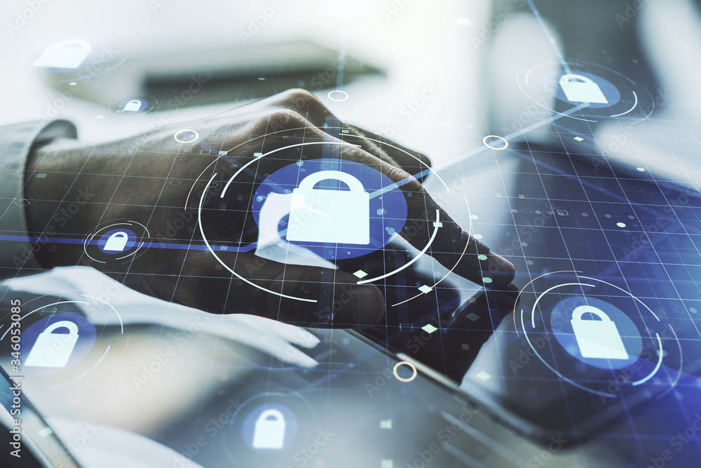 Poster creative lock illustration with microcircuit and finger presses on a digital tablet on background, c