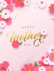 Mothers day banner background layout with flower.Greetings and presents for Mothers day in flat lay styling.Vector illustration template.