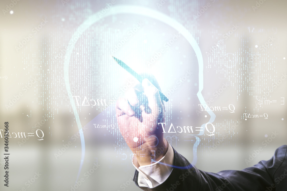 Aufkleber man hand with pen working with abstract virtual artificial intelligence interface with human head ho