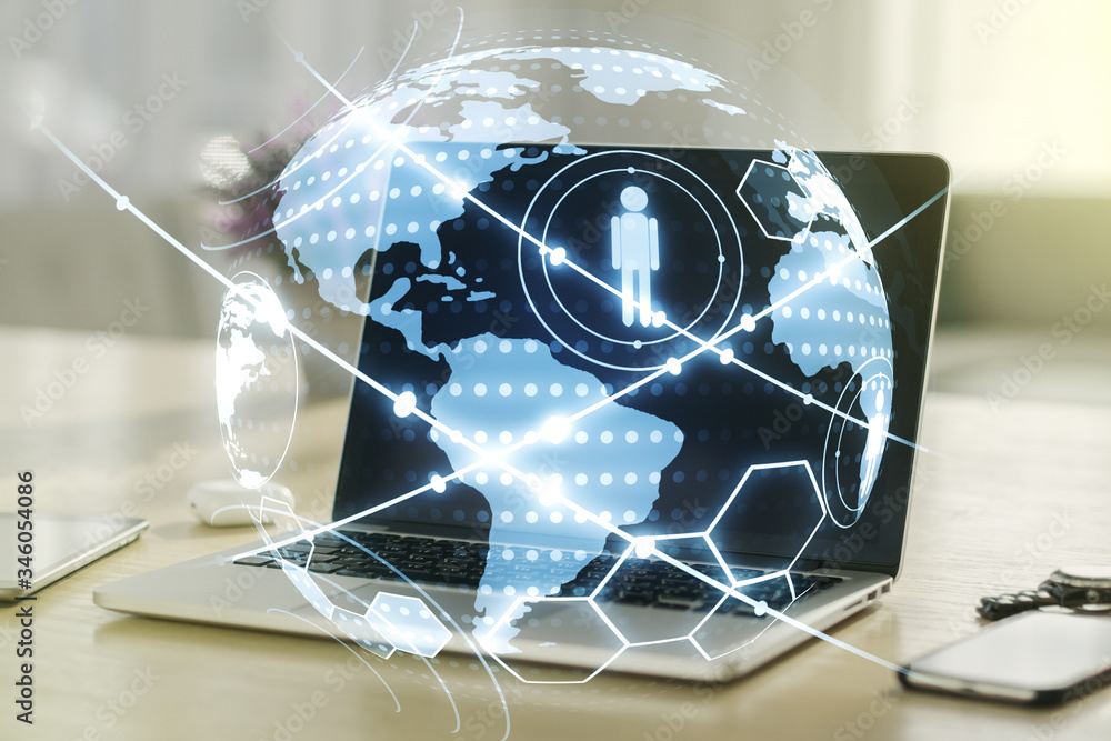 Poster social network media concept with world map and modern computer on background. double exposure