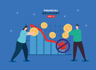 couple with infographic of financial recovery vector illustration design