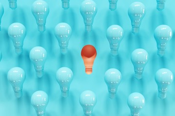 Outstanding Orange Light bulb slump Among blue light bulbs on blue background. 3D Render. Minimal Creative idea.