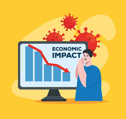 man with infographic in computer of economic impact by covid 2019 vector illustration design